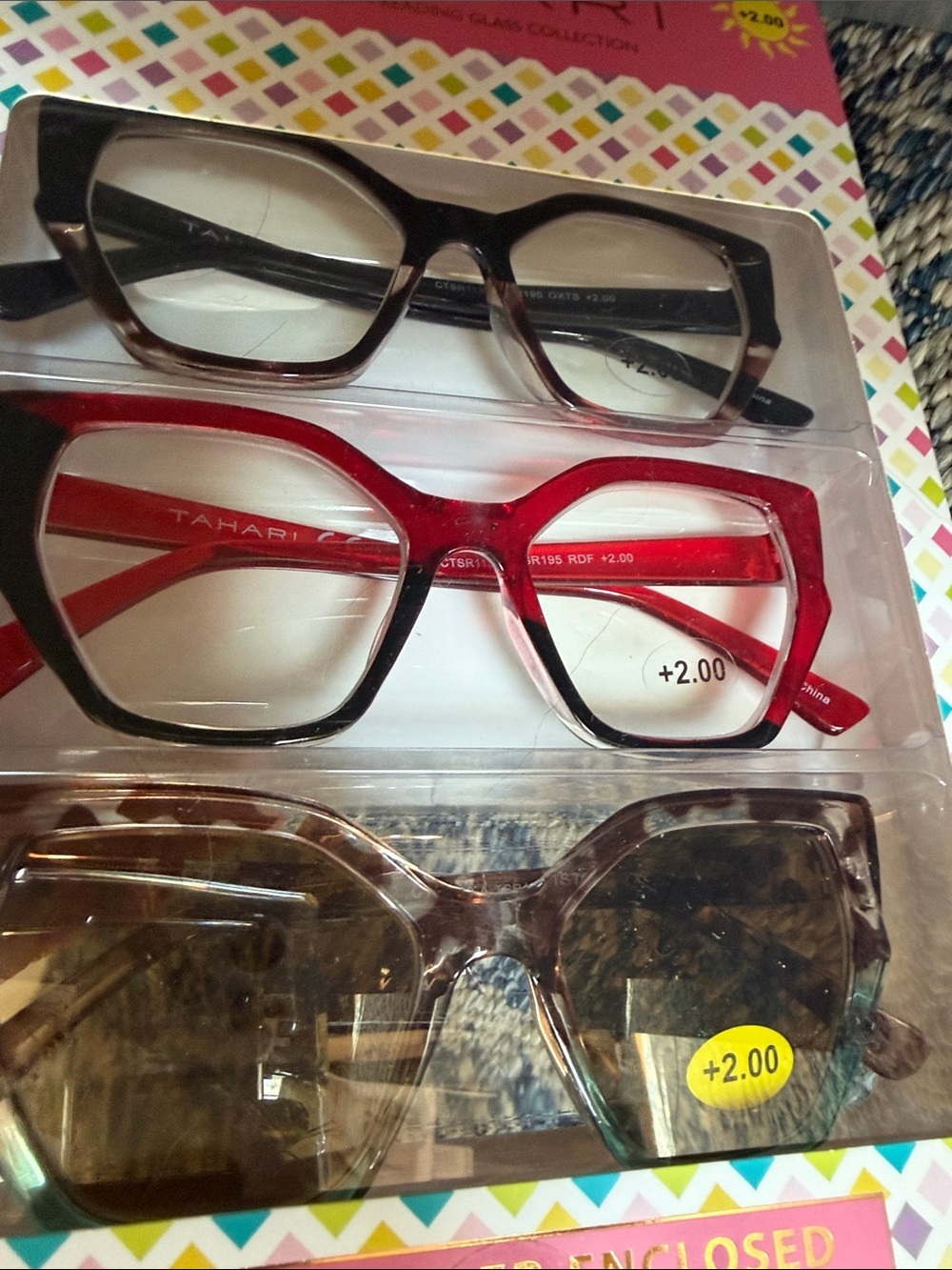 Tahari Reading Glasses 3-Pack - Black, Red, Tortoiseshell +2.00 Sun readers